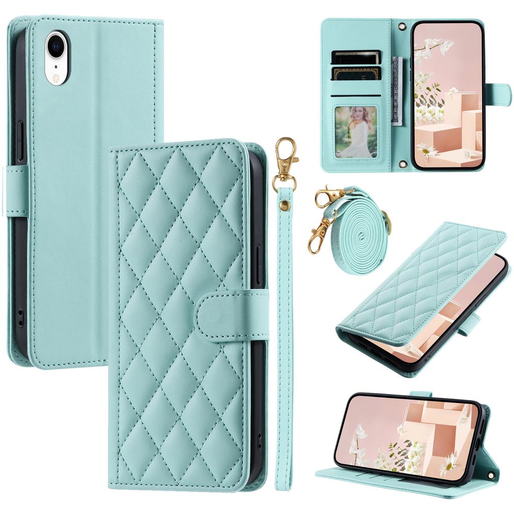 For iPhone XR Leather Case Rhombus Grid Flip Wallet Phone Cover with Straps