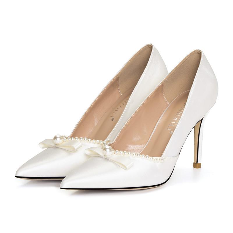 Fashion Women White Satin Bow Pearl Wedding Shoes High Heels Bridal Party Dress Shoes Red
