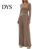 Stilvoller lockerer Damenanzug Damen 2-teiliges Loungewear-Set V-Ausschnitt Langarm-Oberteil Einfaches einfarbiges Outfit Und Weitbeinige Hosen Set Frühling Herbst Freizeit