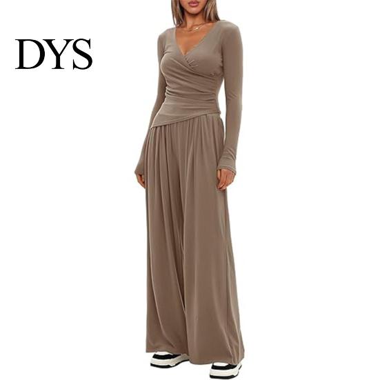 Stilvoller lockerer Damenanzug Damen 2-teiliges Loungewear-Set V-Ausschnitt Langarm-Oberteil Einfaches einfarbiges Outfit Und Weitbeinige Hosen Set Frühling Herbst Freizeit