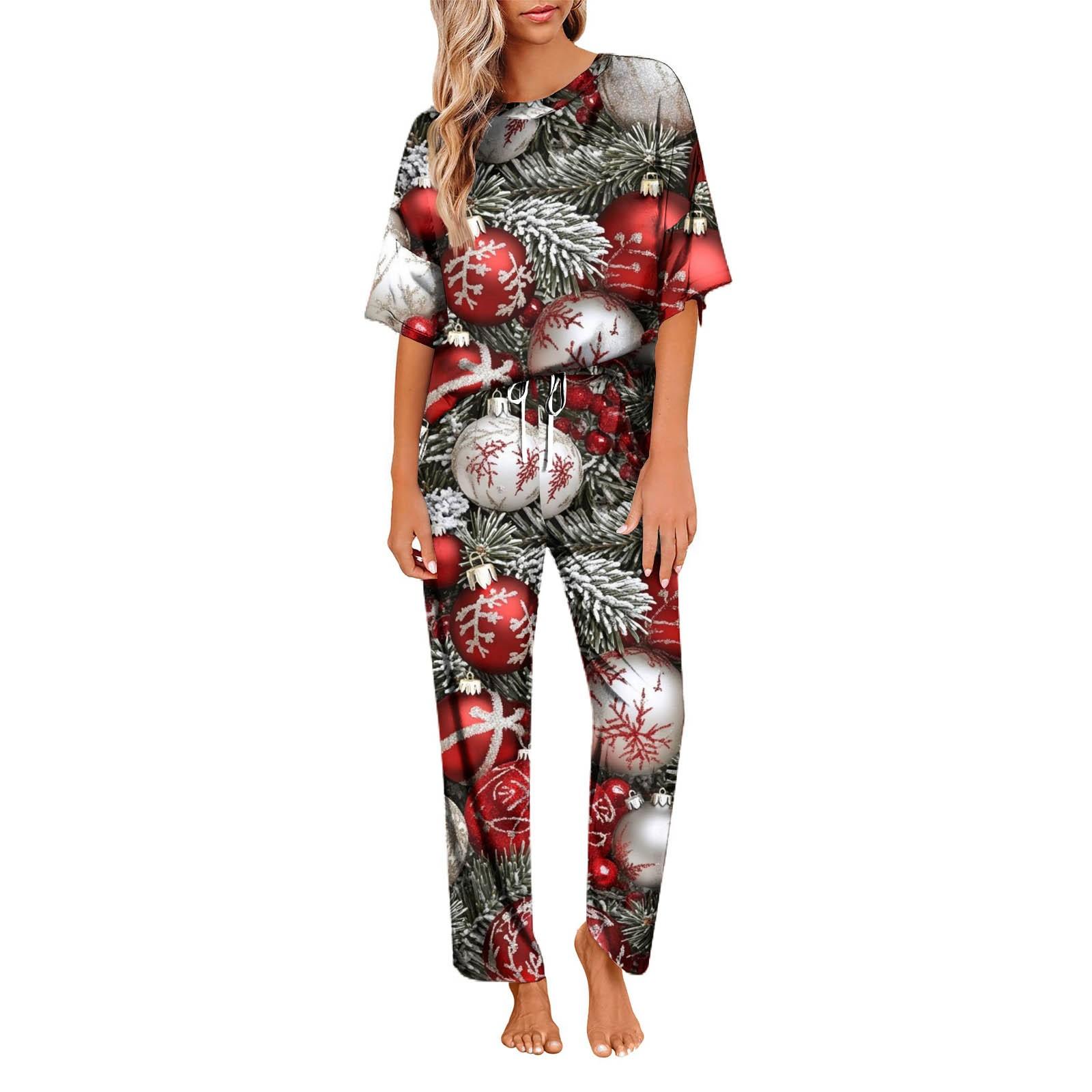 

Женский шелковый атласный пижамный комплект с рождественским принтом, рубашка с коротким рукавом и длинные пижамные штаны, мягкая домашняя одежда M