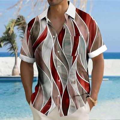 Men's Geometric Stripe Printed Shirt, Hawaiian Vacation Shirt, Casual Party, Outdoor Vacation, Summer
