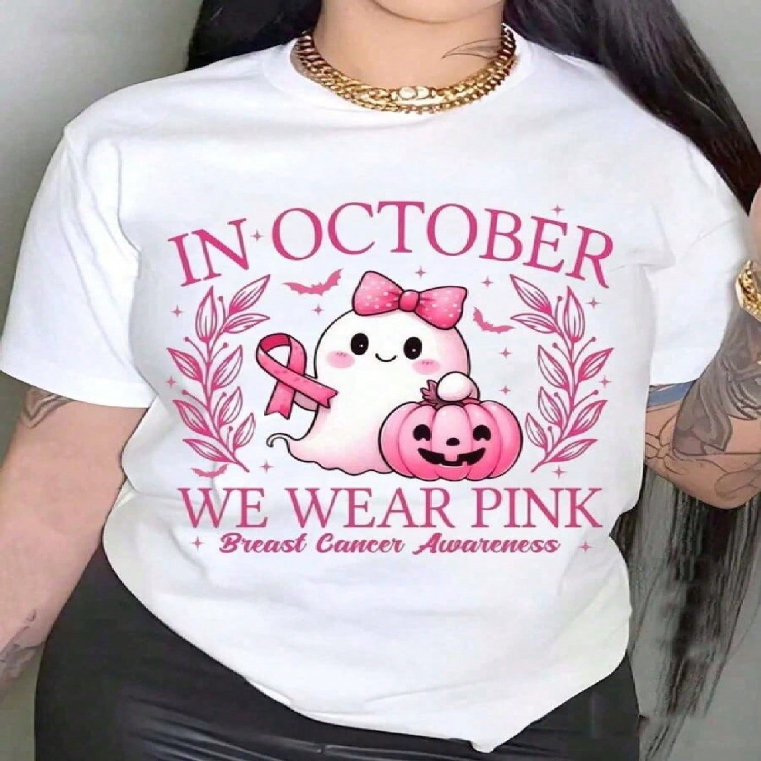 In October We Wear Pink, Breast Cancer Awareness, Retro Breast Cancer, Halloween Pink Ghost, Halloween Shirt 100% Comfortable Cotton Pattern T-Shirt S разноцветный