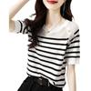 Black and White Striped Short Sleeved Knitted T-shirt Summer Round Neck Pullover Knitted T-shirt
