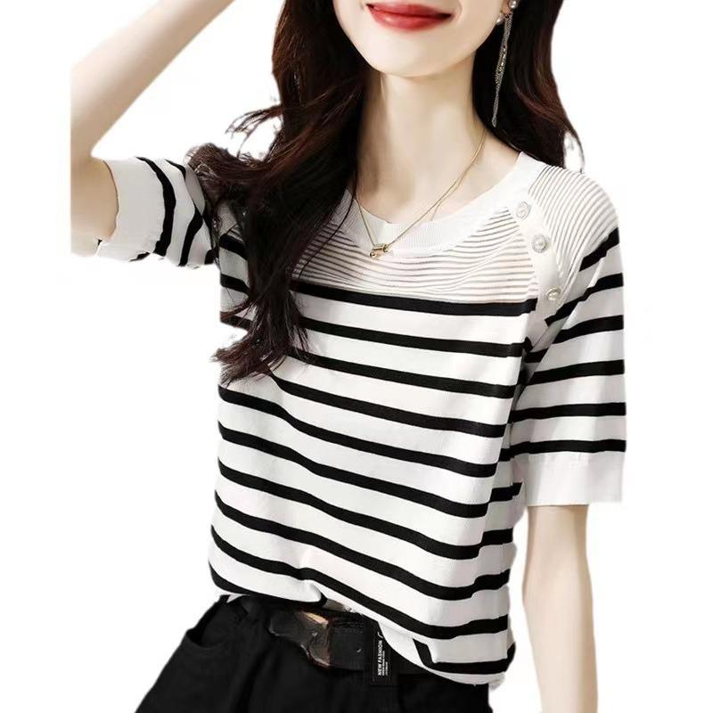 Black and White Striped Short Sleeved Knitted T-shirt Summer Round Neck Pullover Knitted T-shirt