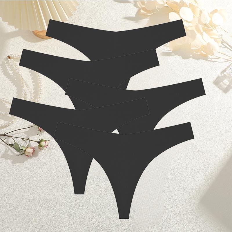 5PCS Women Ice Silk Seamless Underpants Panties Sexy V-Waist Sport Thongs Low Rise 10 Soild Colours Breathable G-string