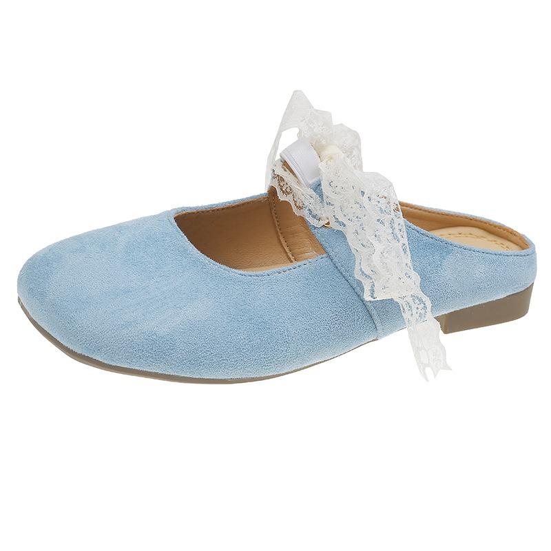 Beautiful bag head half slippers women's outer wear spring and summer new flat bottom lace bow Mary Jane sandals