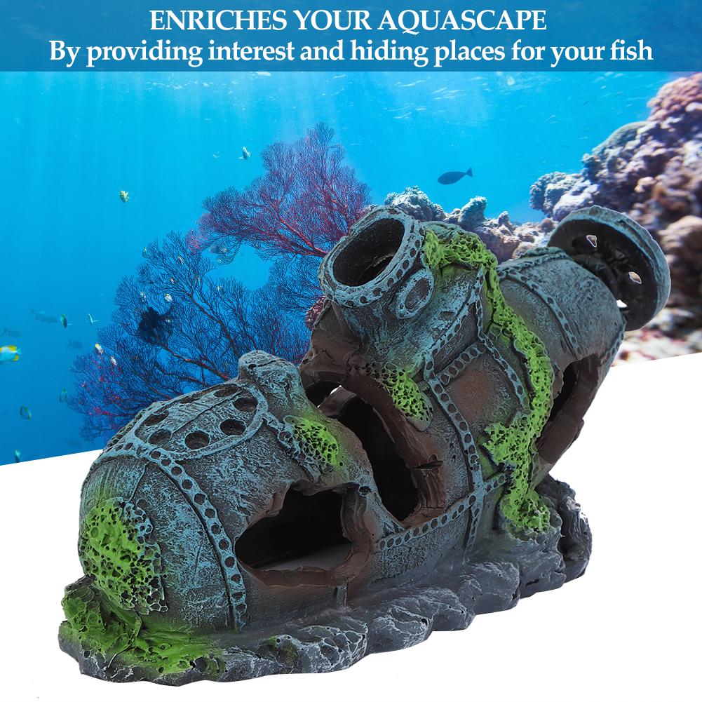 Resin Aquarium Artificial Simulation Shipwreck Water Plants Reptiles Hide House Fish Tank Landscape