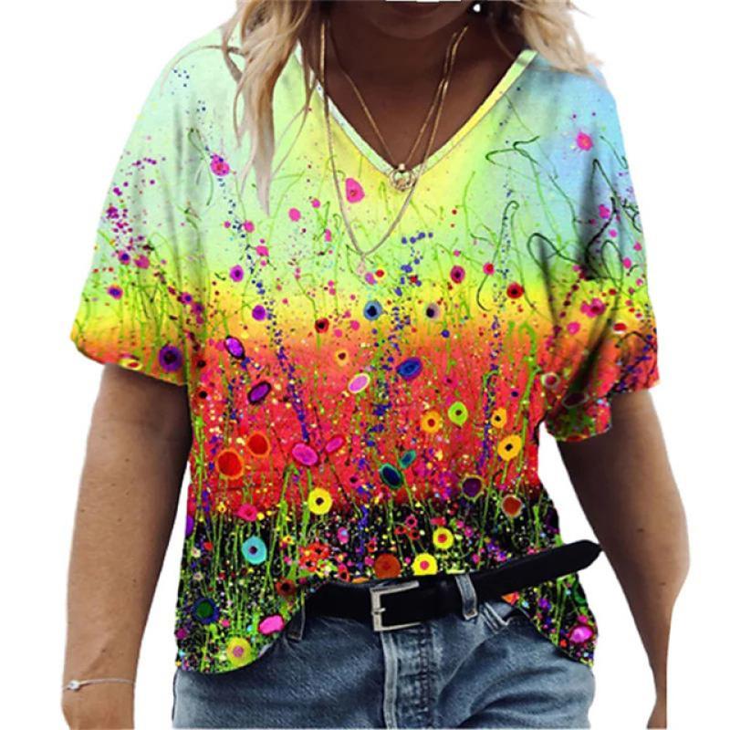 Women's T-shirts Summer Gradient Graphics Tops V-Neck Fashion Female Vintage Clothing Floral Print Tees Loose Oversized T-Shirts