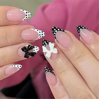 Uñas Postizas Elegantes Diseño de Manicura Francesa Con Diseño de Puntos y Lazos Material ABS Uña Postiza Para Uso Diario