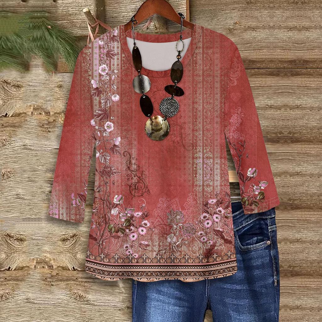 3/4 Sleeve Shirts For Women Cute Print Graphic Tees Blouses Casual Plus Size Basic Tops Pullover