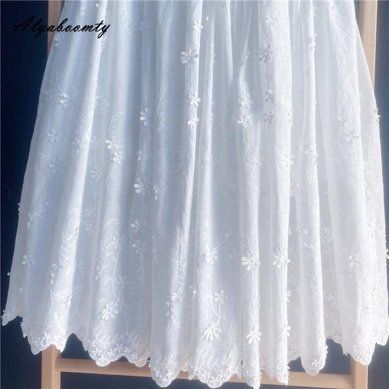 Mori Girl Sommar Höst Kvinnor Vit kjol Elastisk midja Blommor Patchwork Broderikjol Elegant Feminin Söt midikjol