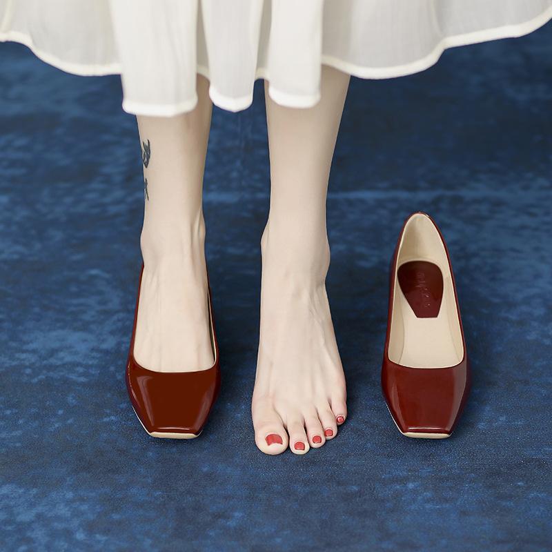 Fashion Solid Japanned Leather Pumps Woman Block High Heels Shoes OL Ladies Dress Work Escarpins Femmes Designer Luxury Tacones Mujer