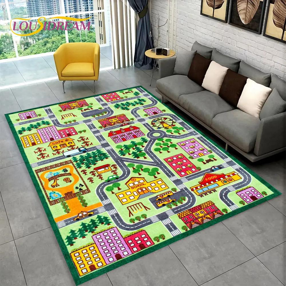 Highway City Traffic Cartoon Area Rug,Carpet Rug for Living Room Playroom Children's Bedroom Decor,Kid Game Non-slip Floor Mat