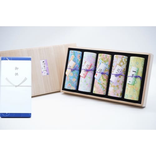 

[Condolence Message Included] Hanakurabe Five-Flavor Incense Set (Cherry Blossom, Red Plum, Bamboo Charcoal, Elegant, Sweet) in a Premium Paulownia Wo