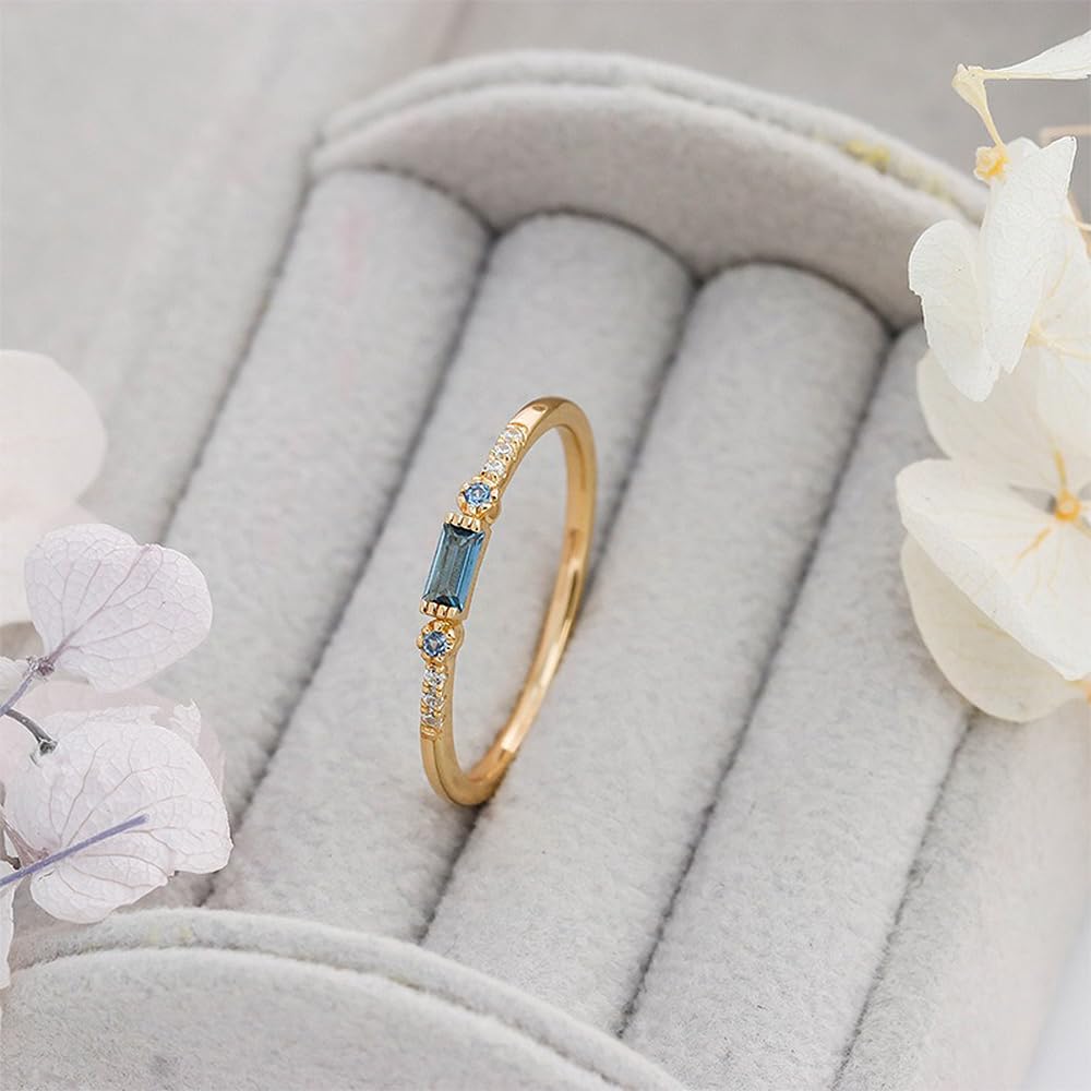 Richight Simple Natural Stone Rectangle London Blue Topaz Sterling Silver Ring for Adult Women, Small Topaz, Silver 925 Gold, Blue Stone, Slim Fit