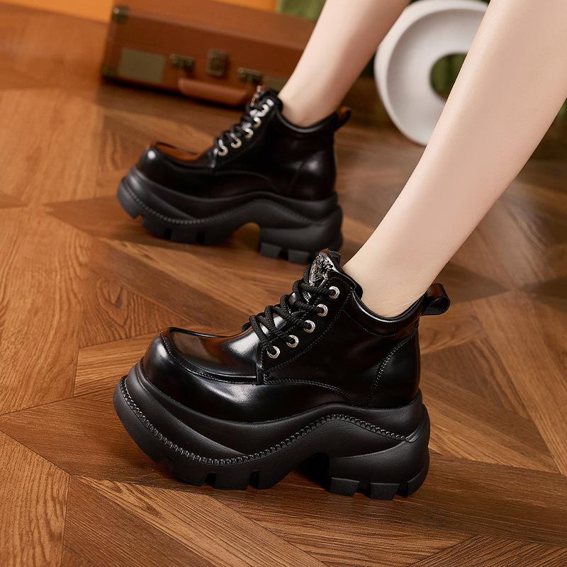 Platform High-top Shoes Women's 2025 Autumn and Winter New Inner Height-increasing Women's Shoes British Style Small Leather Shoes Versatile Thermal 