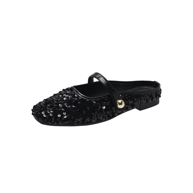 Fashion 2024 High Quality Women's Shoes New Hot Selling Fashion Baotou Women's Slippers Solid Color Sequined Casual Women's Flat Shoes