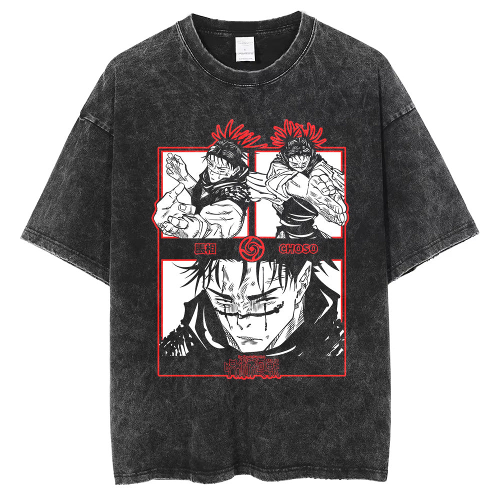Vintage Gewaschenes Herren T-Shirt Anime Jujutsu kaisen Kurzärmelig Oversized Harajuku Herren Kleidung Tee Hip Hop Unisex Baumwolle Hohe Qualität Kurze Ärmel