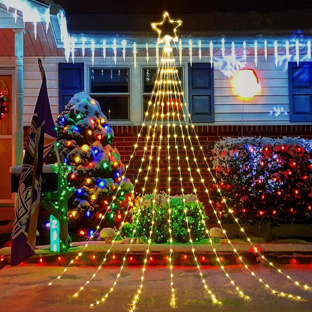Christmas Decorations Star String Lights - 344 LED 11.8ft 9 Strands Waterfall Tree Lights with Topper Star, 8 Lighting Modes Christmas Lights Indoor