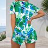 Women Plus Size Tropical Leaf Print V Neck Short Sleeve Button Front Fitted Romper