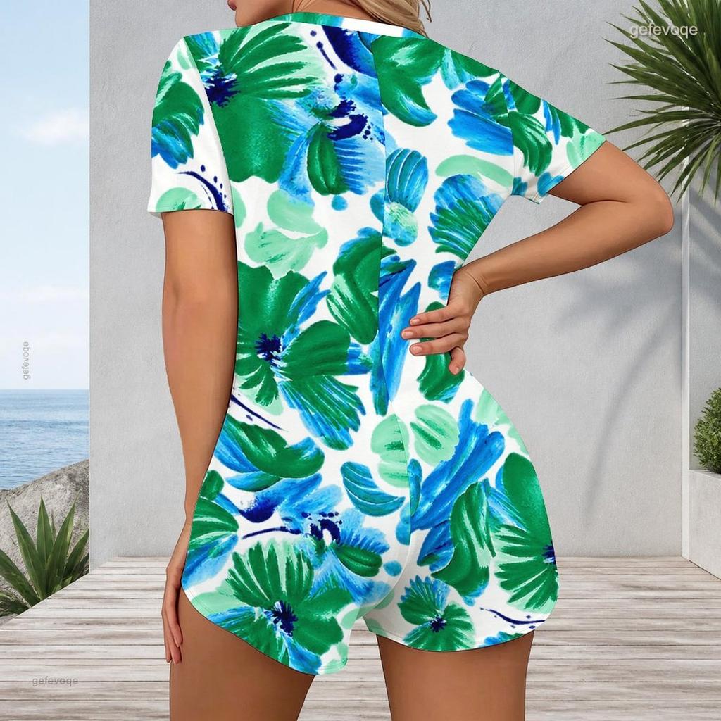 Women Plus Size Tropical Leaf Print V Neck Short Sleeve Button Front Fitted Romper