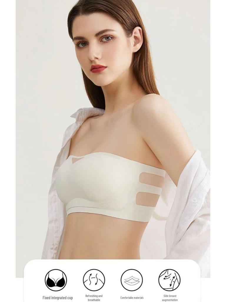 Bezešvá bandeau podprsenka bez ramínek proti sklouzávání pro malá prsa - Letní tenký styl, neviditelný push-up s krásným designem zad