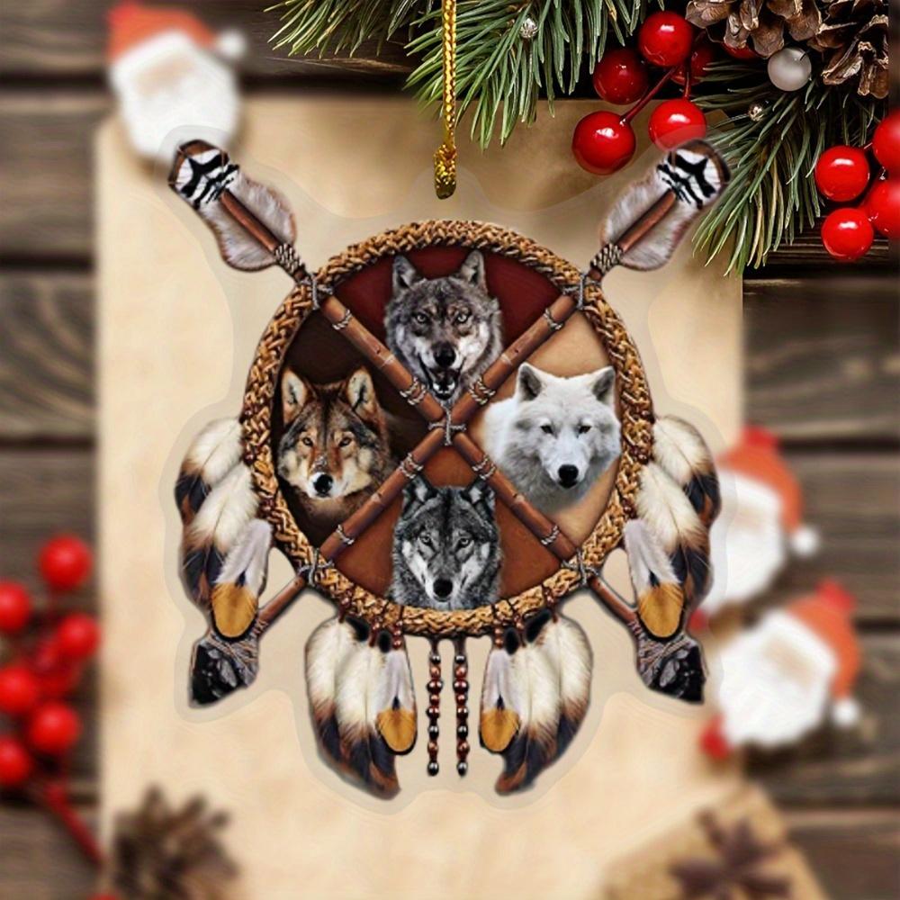 Native American 4-Wolven Auto Ornament. 2D platte achteruitkijkspiegel decoratief accessoire.