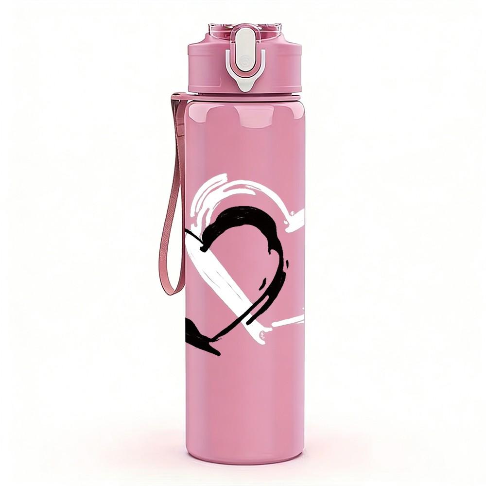 1PC Hand Drawn Sketch Heart Print 750ml Color Plastic Sports Water Bottle Leakproof Flip Straw Lid Suitable for Sports Office Home Use