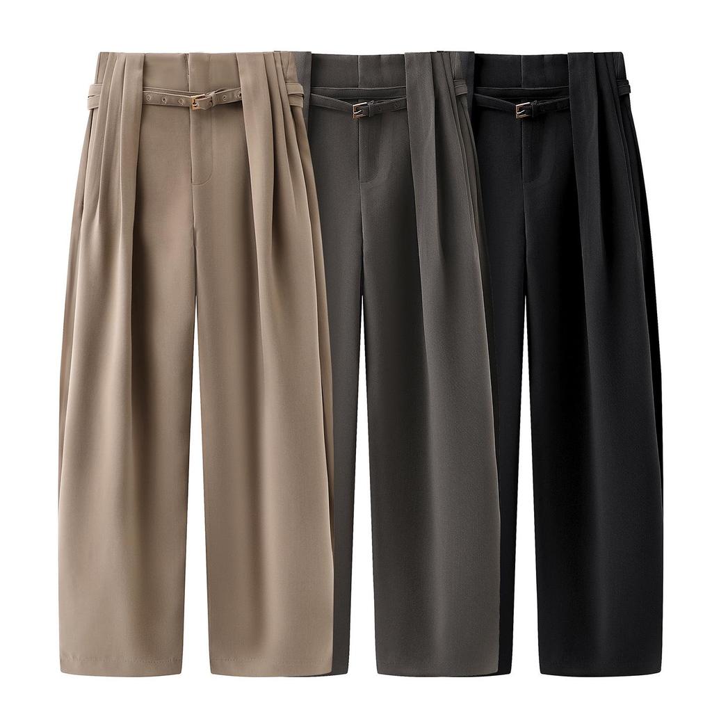 Spring 2026 Temperament Straight-Leg Wide-Leg Casual Pants with Belt