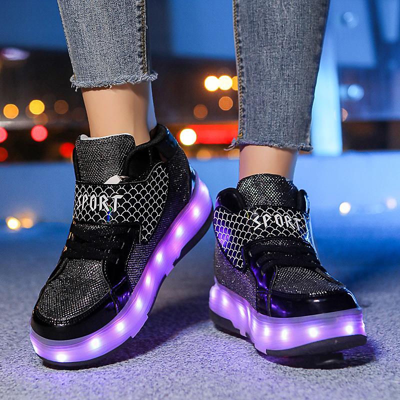 Kid's Four-wheel Detachable Flat Shoes Rechargeable LED Luminous Sports Shoes with Wings Children's Skates with Brakes Roller Skates sneakers