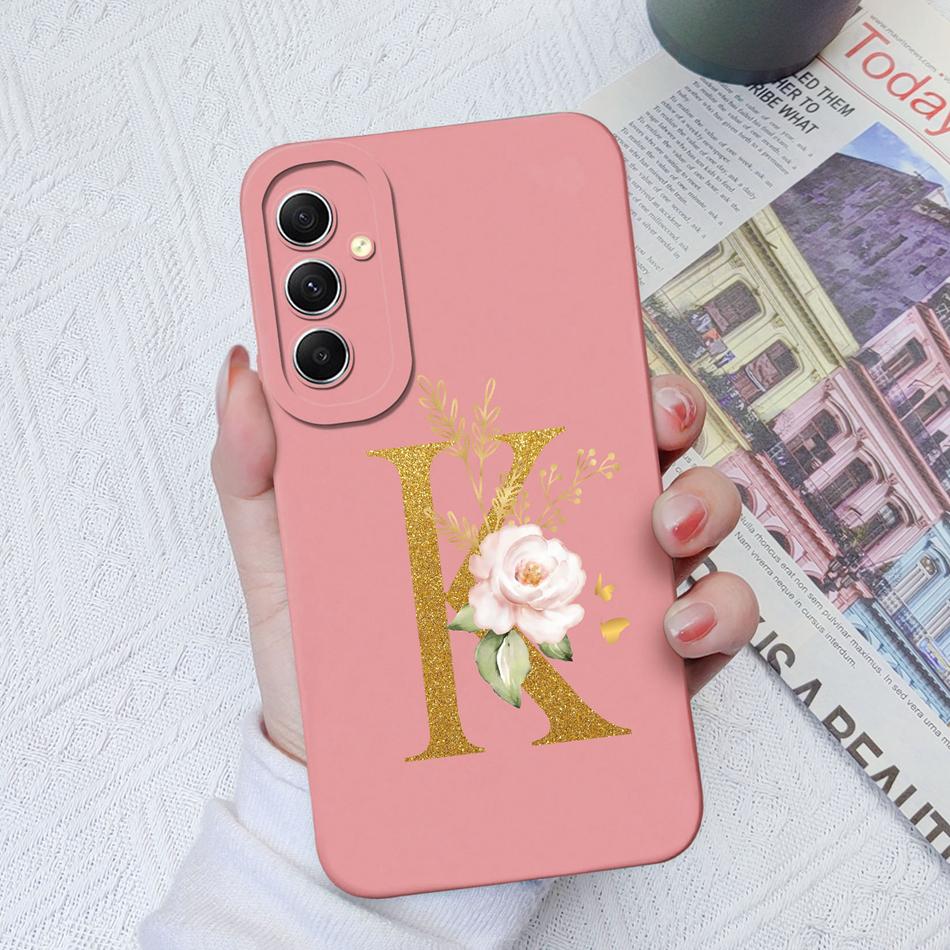 Phone Case For Samsung Galaxy A34 A33 A32 Elegant Rose Letter Soft Liquid Silicone Sqare Back Cover For Samsung A 34 33 32 Shell