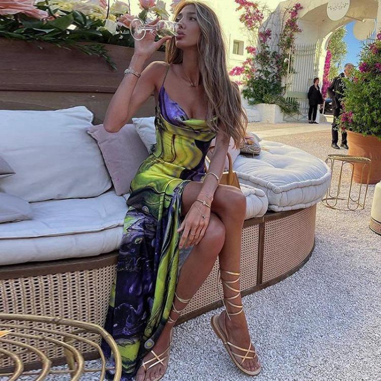 Elegant Sexy Backless Long Maxi Dress Women Spaghetti Strap Slit Draped Print Club Party