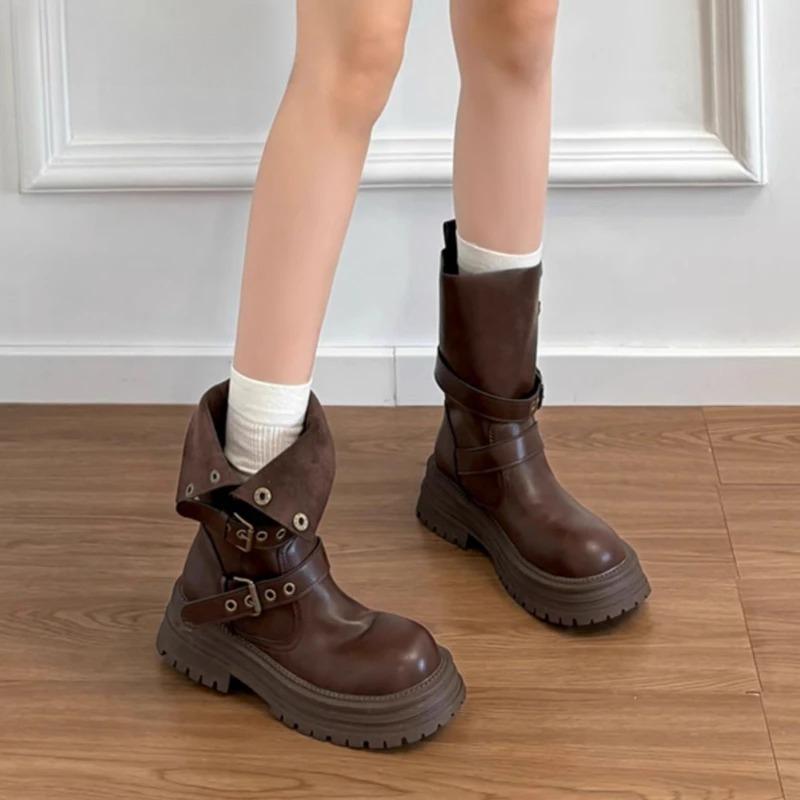 Autumn Winter Belt Buckle Women Knight Boots Fashion Slip On Shoes Vintage Platform Square Heels Ladies Mid Calf Booties
