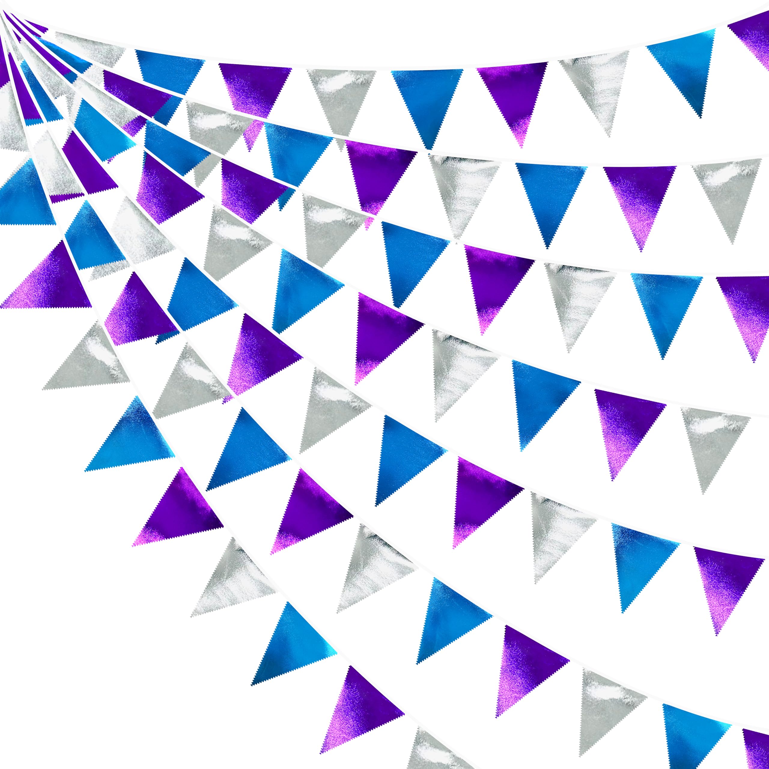 

PinkBlume Winter Purple, Silver, and Blue Triangle Flag Fabric Garland Banner Party Decoration, Smooth Bright Colors, Purple, Blue, and Silver Winter
