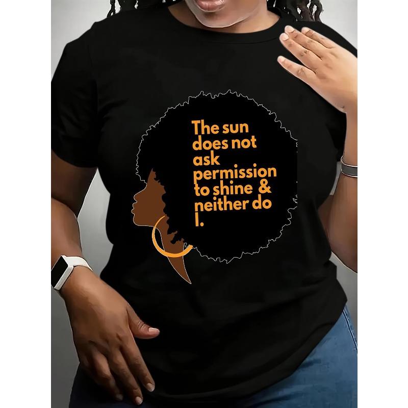 

Plus Size Women Empowering Afro Tee Sun Shine Bold Silhouette Print Short Sleeve Crew Neck Casual Top S чёрный