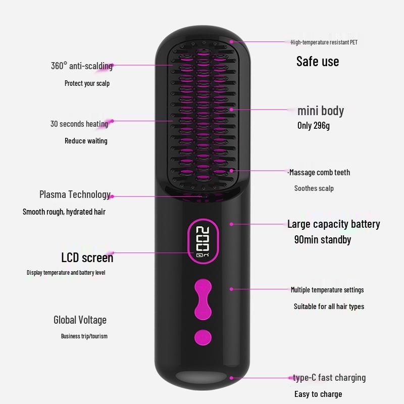 Wireless LCD Straightening Comb with Negative Ion Technology - Dual Use for Straightening & Curling