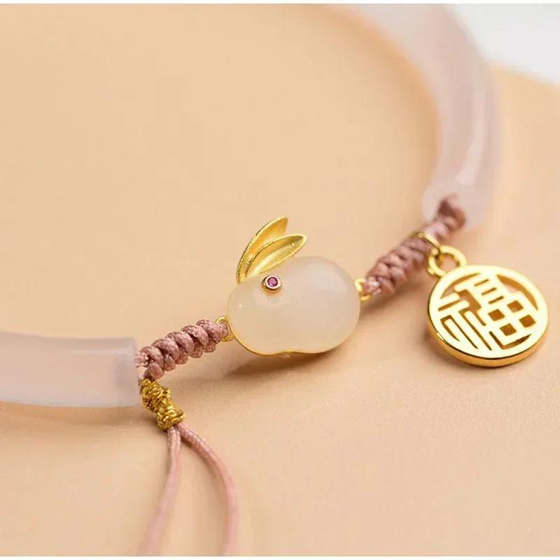 Women Cute Creative Beads Bracelets Chinese Style Vintage Ornaments Jade Rabbit Bracelet Weave Rope Adjustable Jewelry Bracelets