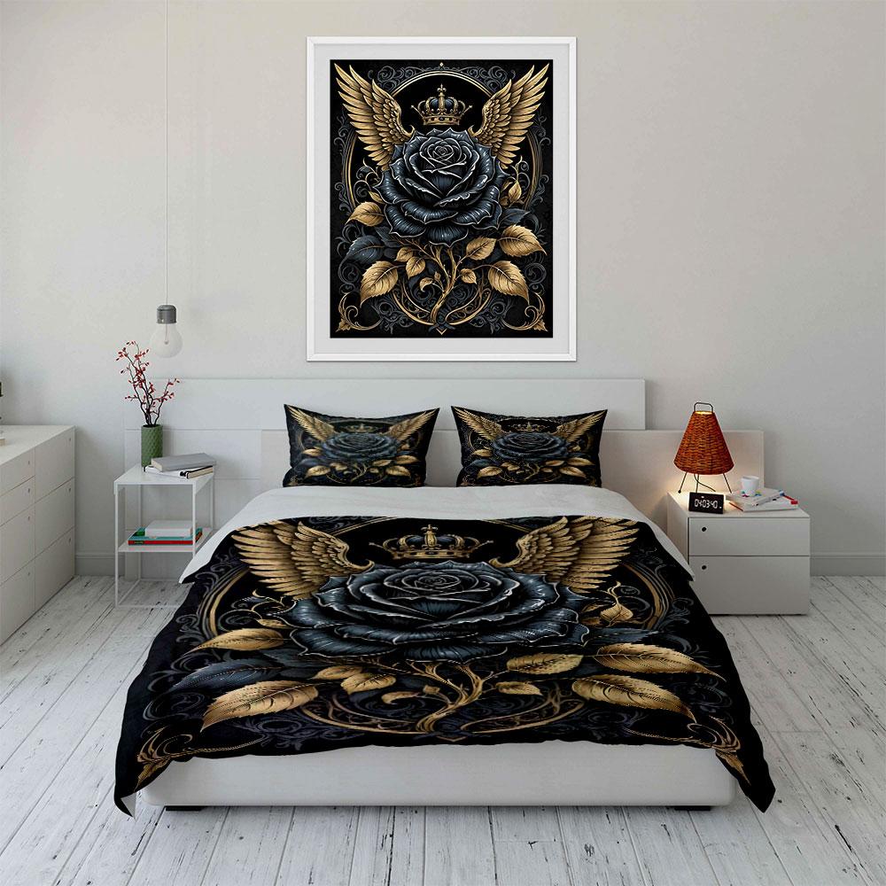 Black Rose with Wings and Crown Bedding Duvet Cover Set (1*Duvet Cover 2*Pillowcases, without duvet insert)
