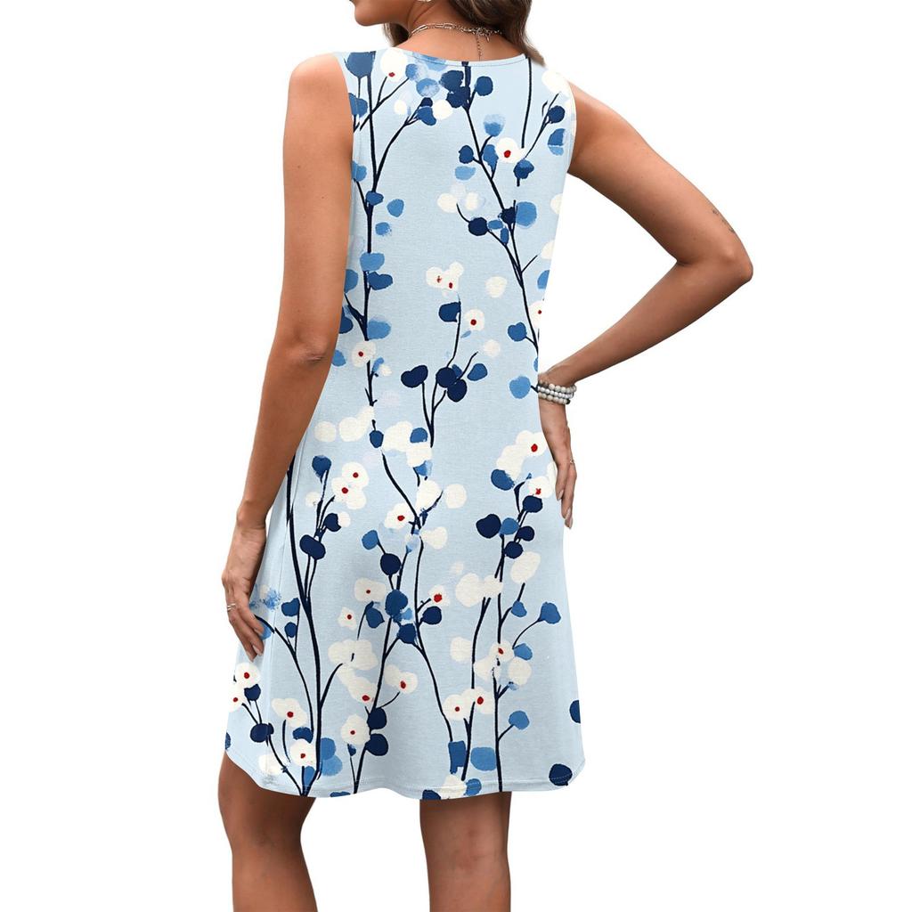 Damen Sommer V-Ausschnitt Lässig Strandurlaub Retro Blumendruck Ärmellos Patchwork Kleid