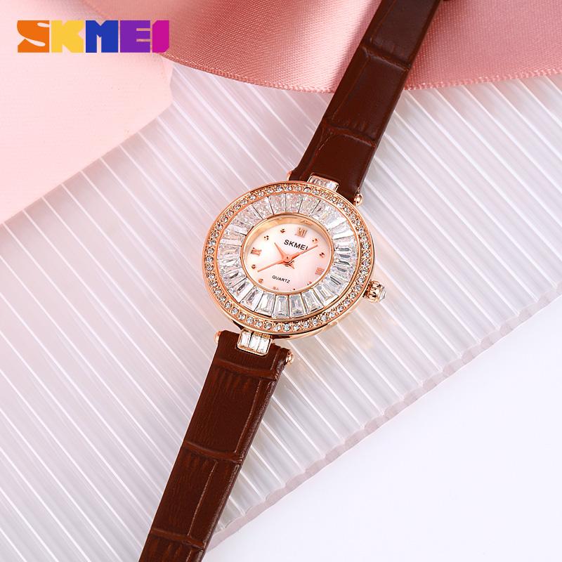 SKMEI 2009 Grace Brown Lady New Design Quartz Watch Costume Leather Band Elegance Diamond Vintage Casual Hand Watch