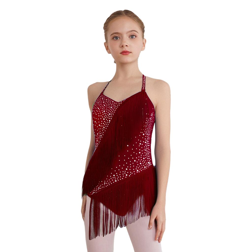 Mädchen Latin Dance Kostüm Ärmellos Neckholder V-Ausschnitt Rückenfrei Glänzend Strasssteine Quasten Leotard