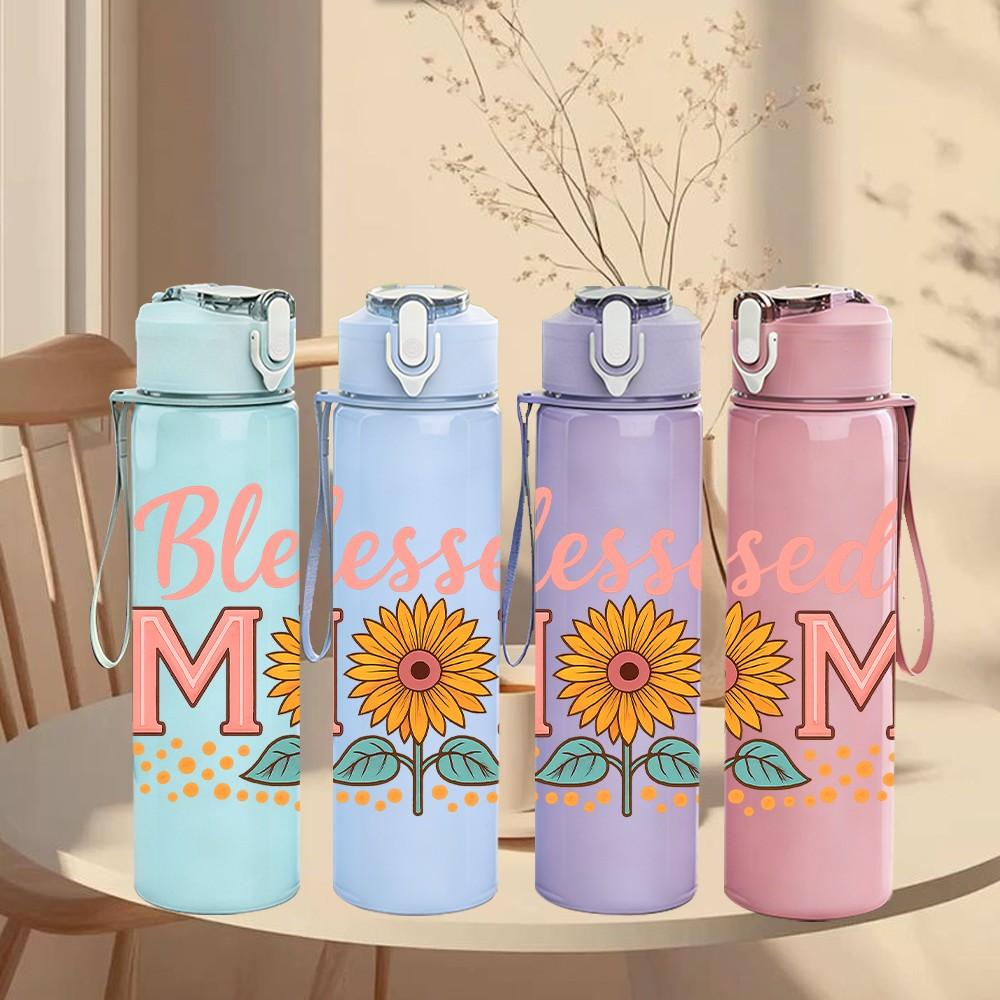 1PC Blessed Mom Sunflower Letter 750ml Color Plastic Sports Water Bottle Leakproof Flip Straw Lid For Sports Office Home Use