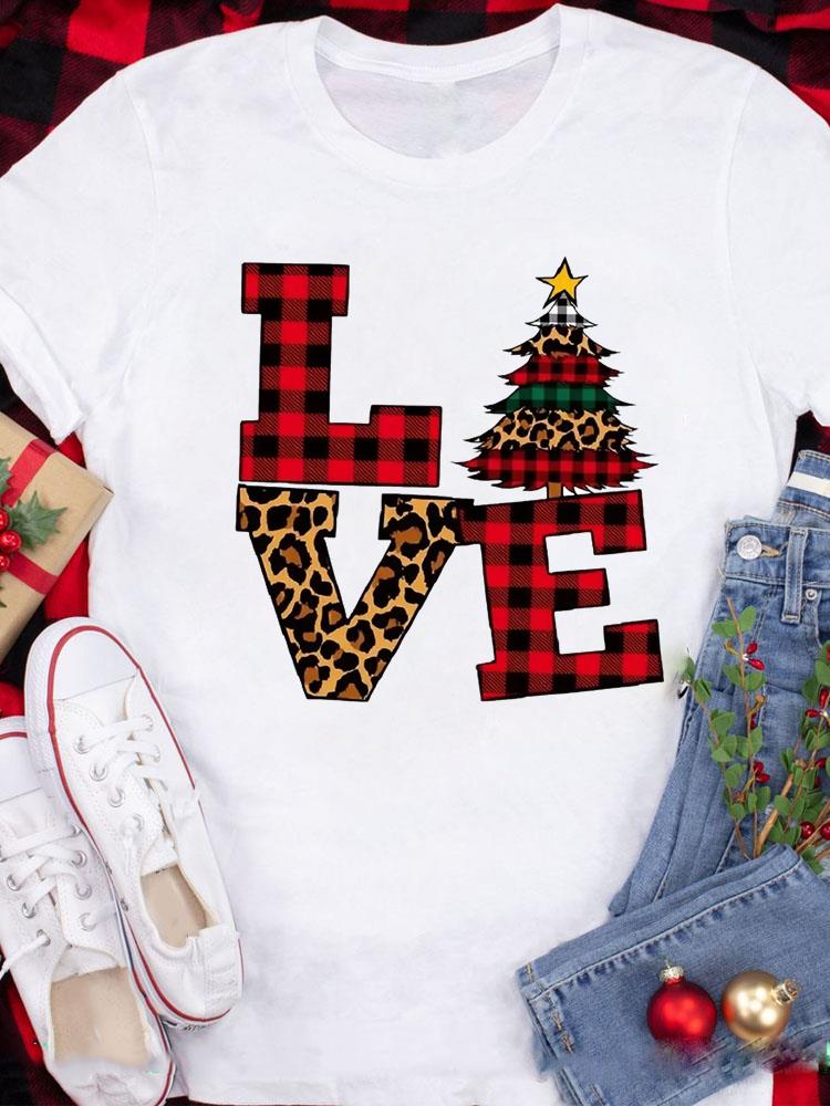(Asian Size) Tee Top festival  Merry Christmas New Year Holiday Casual tree cute 90s Women Print Lady Short Sleeve Fashion Graphic T-shirts