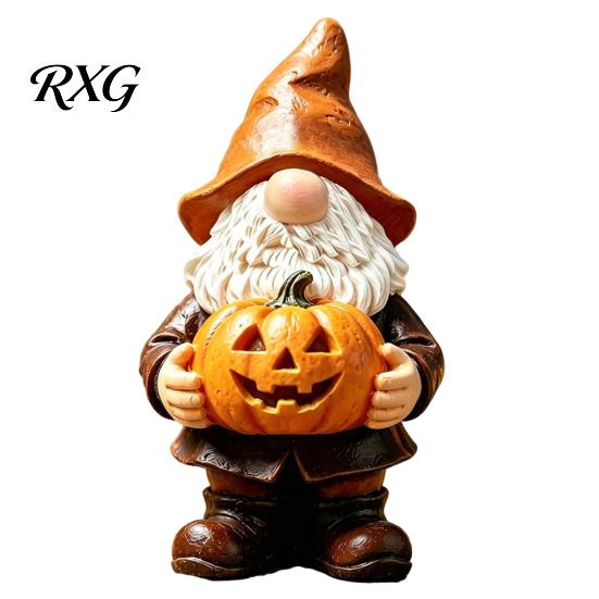Hand Painted Gnome Statue Halloween Garden Statue, Faceless Holding Pumpkin Sculpture, Stable Sculpture Waterproof Resin for Porch Yard Autumn