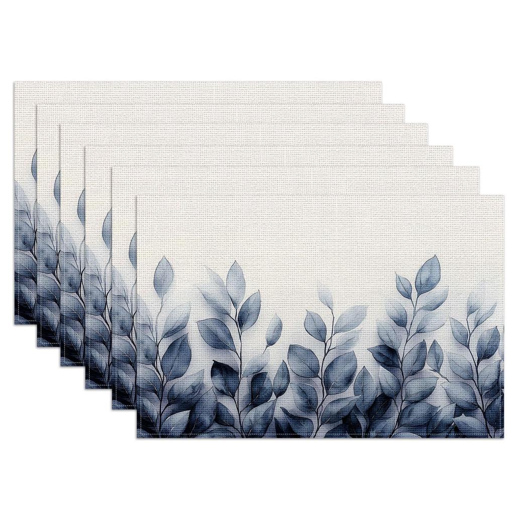 Spring Blue Leaves Placemats Set of 6,12x18 Inch Eucalyptus Leaves Linen Place Mat Washable Stain Resistant Table Mats