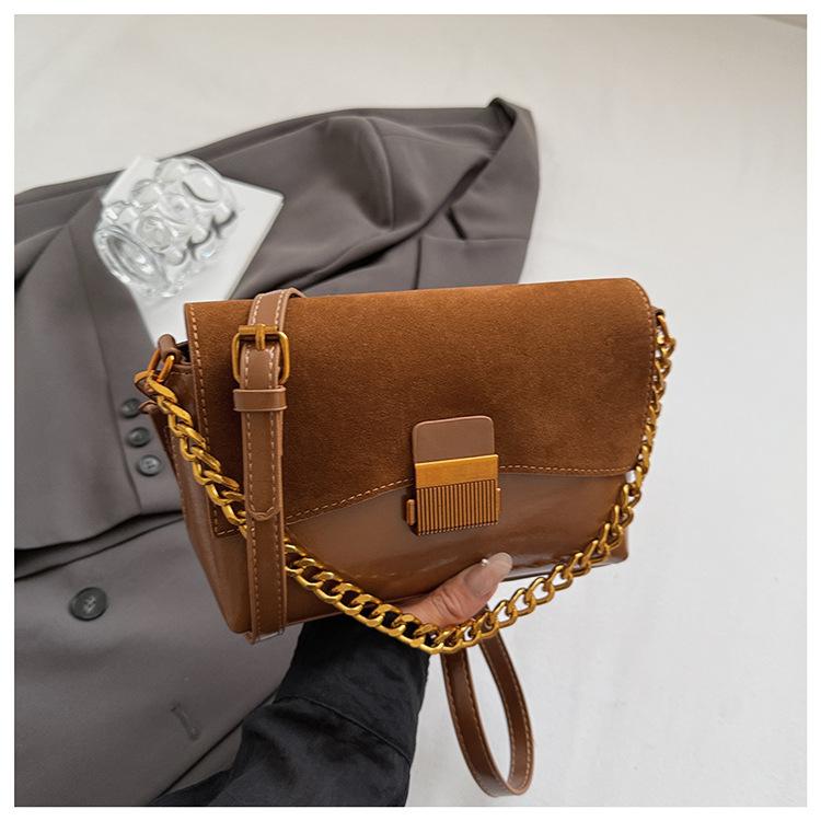 Vintage PU Splicing Faux Suede Crossbody Bags 2026 Women's Autumn Classic Fashiable Chains Shoulder Bags Lady Square Handbags