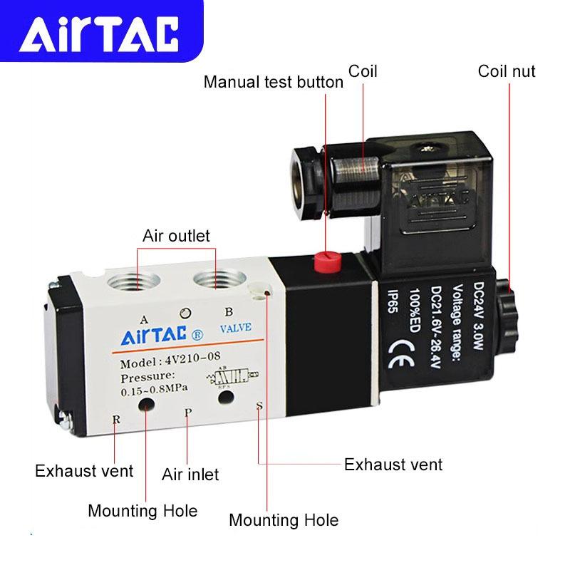 AIRTAC Original Pneumatic 5/2 Way Solenoid Valve 4V110-06 4V210-08 4V310-10 4V410-15 12V 24V 110V 220V Direction Control Valve