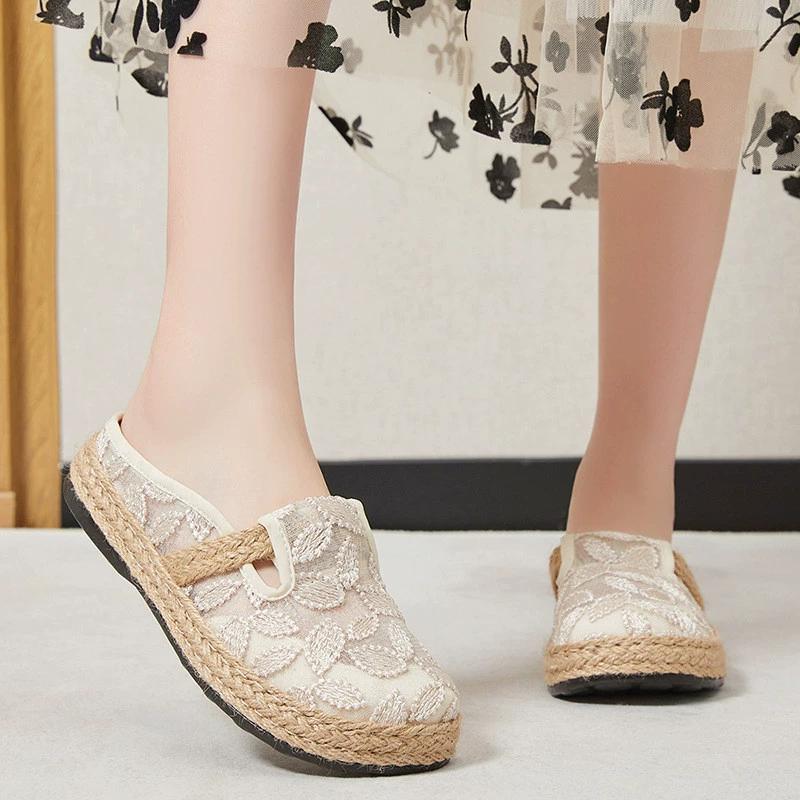 Damen Frühling und Sommer Stickerei gewebt Freizeitschuhe runder Kopf flache Ferse flacher Mund atmungsaktive Schuhe