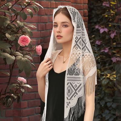 Fashion Lace Embroidery Triangle Scarf Hijab Muslim Church Prayer Wedding Mantilla Shawl With Tassels Women White Veil Bandana